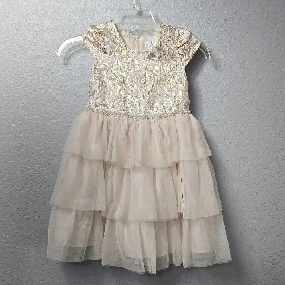 Biscotti Elegant Dress Gold Metallic Damask Flower Girl Formal Party Wedding